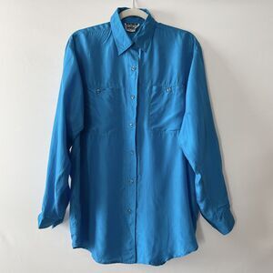 Details Express 100% Silk Button Front Blouse Long Sleeve Blue Women Size S